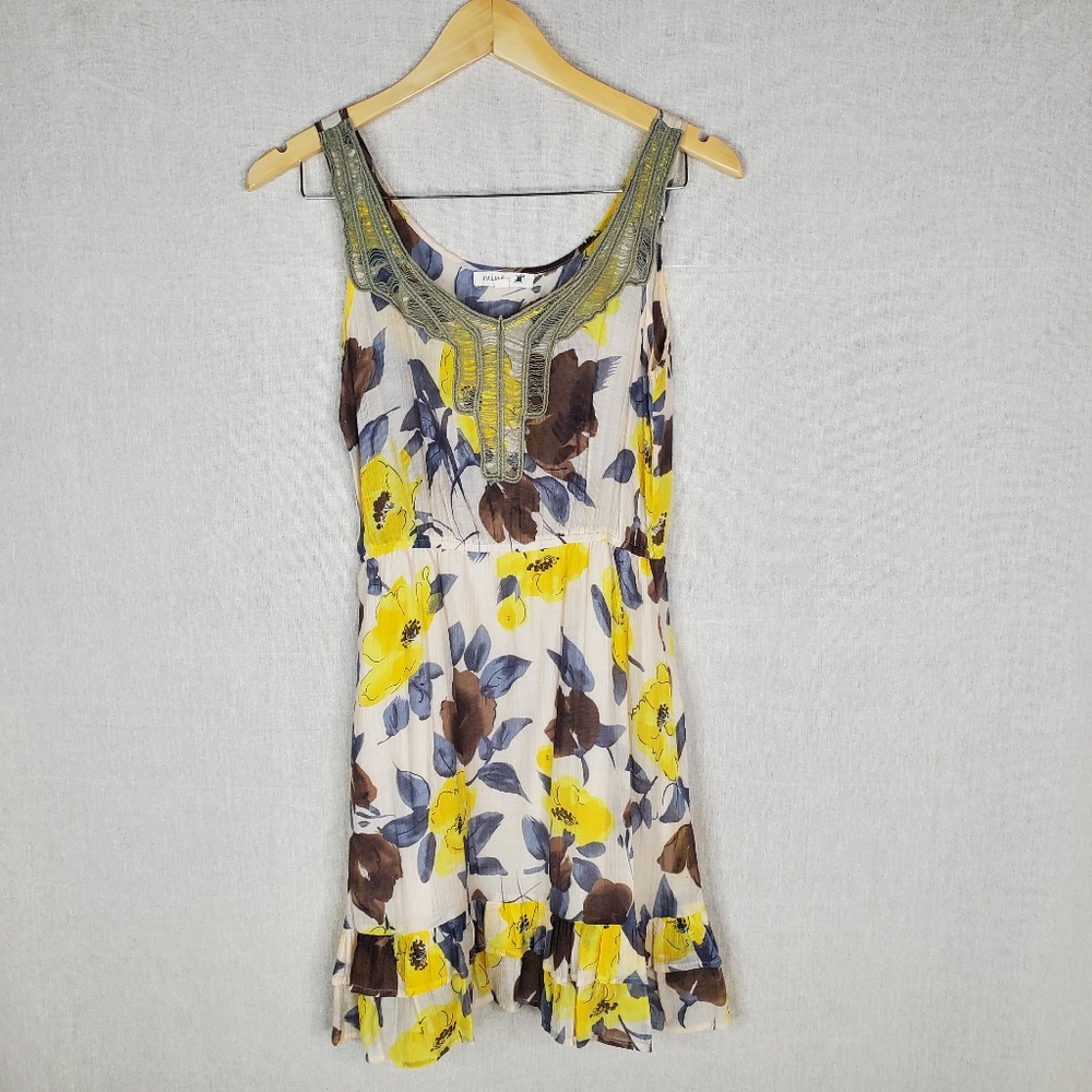 ♧ Mine Gauzy Floral Print Dress Size Small Ivory Yellow Gray Brown